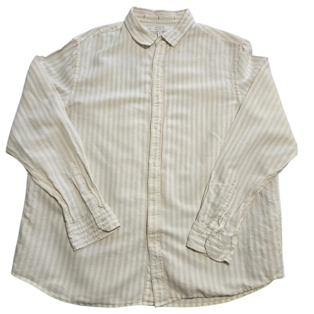 Banana Republic Linen Blend Slim Fit Mens Long Sleeve Button Up Beige XL